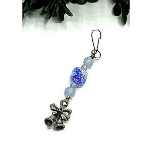Silver Tone and Blue Glass Beaded Zipper Pull Charm With Bell Charm